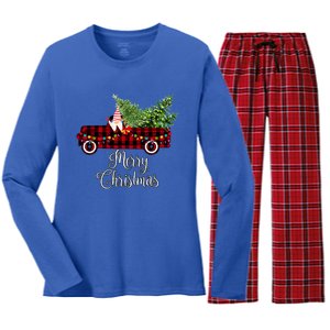 Christmas Gnome Driving Red Buffalo Plaid Christmas Truck Great Gift Women's Long Sleeve Flannel Pajama Set 