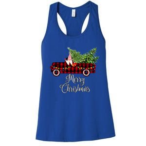 Christmas Gnome Driving Red Buffalo Plaid Christmas Truck Great Gift Women's Racerback Tank