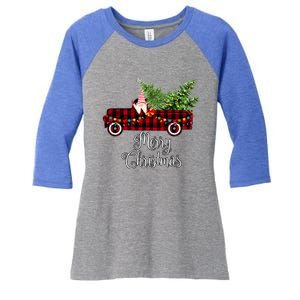 Christmas Gnome Driving Red Buffalo Plaid Christmas Truck Great Gift Women's Tri-Blend 3/4-Sleeve Raglan Shirt