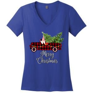 Christmas Gnome Driving Red Buffalo Plaid Christmas Truck Great Gift Women's V-Neck T-Shirt