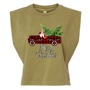 Christmas Gnome Driving Red Buffalo Plaid Christmas Truck Great Gift Garment-Dyed Women's Muscle Tee