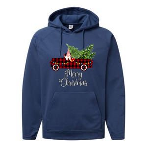 Christmas Gnome Driving Red Buffalo Plaid Christmas Truck Great Gift Performance Fleece Hoodie