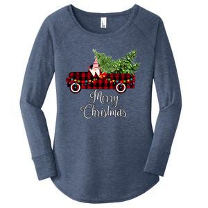 Christmas Gnome Driving Red Buffalo Plaid Christmas Truck Great Gift Women's Perfect Tri Tunic Long Sleeve Shirt