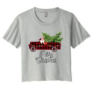 Christmas Gnome Driving Red Buffalo Plaid Christmas Truck Great Gift Women's Crop Top Tee