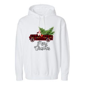 Christmas Gnome Driving Red Buffalo Plaid Christmas Truck Great Gift Garment-Dyed Fleece Hoodie