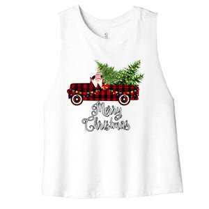 Christmas Gnome Driving Red Buffalo Plaid Christmas Truck Great Gift Women's Racerback Cropped Tank