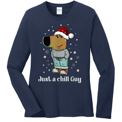 Chill Guy Dog With Christmas Hat Funny Chill Guy Meme Ladies Long Sleeve Shirt