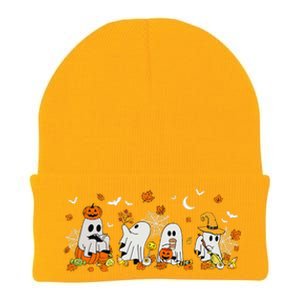 Cute Ghost Drinking Coffee Halloween Fall Ghost Book Reading Knit Cap Winter Beanie