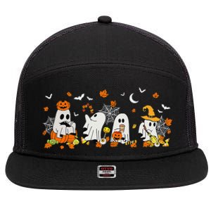 Cute Ghost Drinking Coffee Halloween Fall Ghost Book Reading 7 Panel Mesh Trucker Snapback Hat