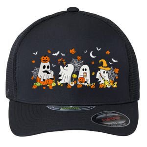 Cute Ghost Drinking Coffee Halloween Fall Ghost Book Reading Flexfit Unipanel Trucker Cap