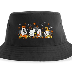 Cute Ghost Drinking Coffee Halloween Fall Ghost Book Reading Sustainable Bucket Hat