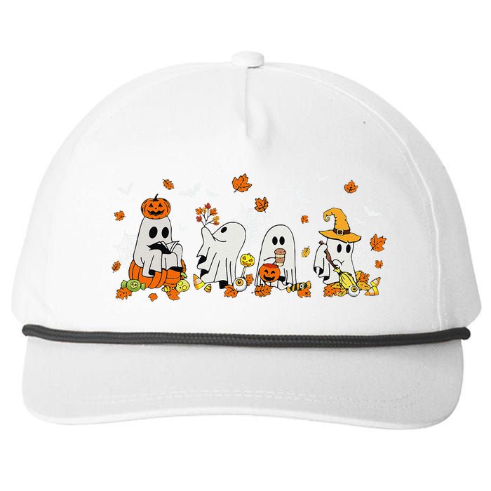 Cute Ghost Drinking Coffee Halloween Fall Ghost Book Reading Snapback Five-Panel Rope Hat