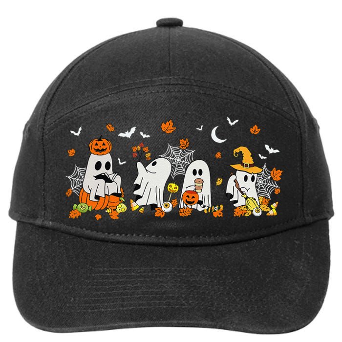 Cute Ghost Drinking Coffee Halloween Fall Ghost Book Reading 7-Panel Snapback Hat