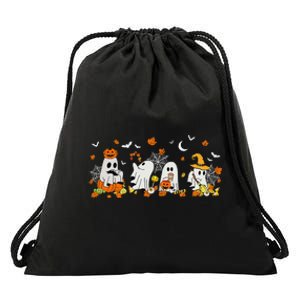 Cute Ghost Drinking Coffee Halloween Fall Ghost Book Reading Drawstring Bag