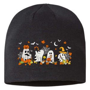 Cute Ghost Drinking Coffee Halloween Fall Ghost Book Reading Sustainable Beanie