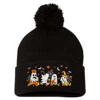 Cute Ghost Drinking Coffee Halloween Fall Ghost Book Reading Pom Pom 12in Knit Beanie