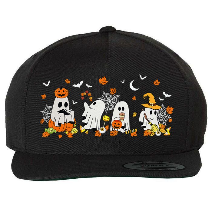 Cute Ghost Drinking Coffee Halloween Fall Ghost Book Reading Wool Snapback Cap