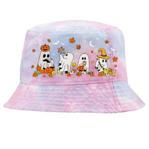 Cute Ghost Drinking Coffee Halloween Fall Ghost Book Reading Tie-Dyed Bucket Hat