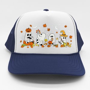 Cute Ghost Drinking Coffee Halloween Fall Ghost Book Reading Trucker Hat