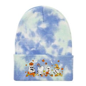 Cute Ghost Drinking Coffee Halloween Fall Ghost Book Reading Tie Dye 12in Knit Beanie