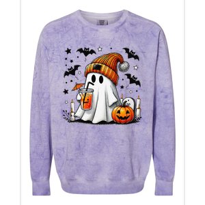 Cute Ghost Drinking Coffee Halloween Ghost Coffee Colorblast Crewneck Sweatshirt