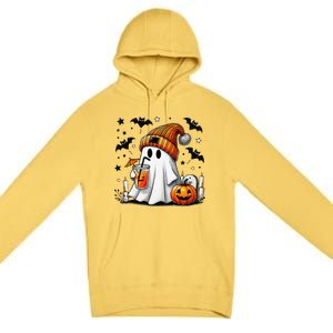 Cute Ghost Drinking Coffee Halloween Ghost Coffee Premium Pullover Hoodie