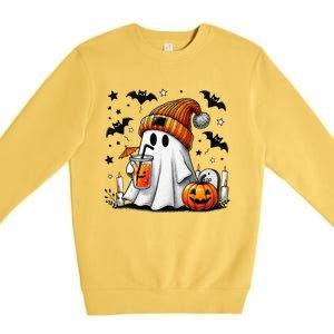 Cute Ghost Drinking Coffee Halloween Ghost Coffee Premium Crewneck Sweatshirt