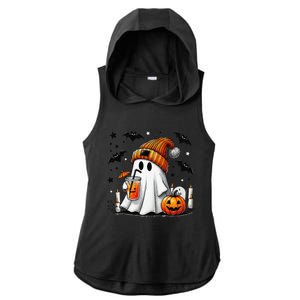 Cute Ghost Drinking Coffee Halloween Ghost Coffee Ladies PosiCharge Tri-Blend Wicking Draft Hoodie Tank