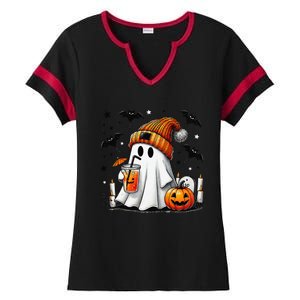 Cute Ghost Drinking Coffee Halloween Ghost Coffee Ladies Halftime Notch Neck Tee