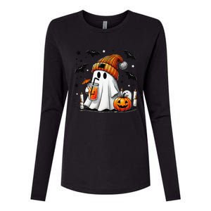 Cute Ghost Drinking Coffee Halloween Ghost Coffee Womens Cotton Relaxed Long Sleeve T-Shirt