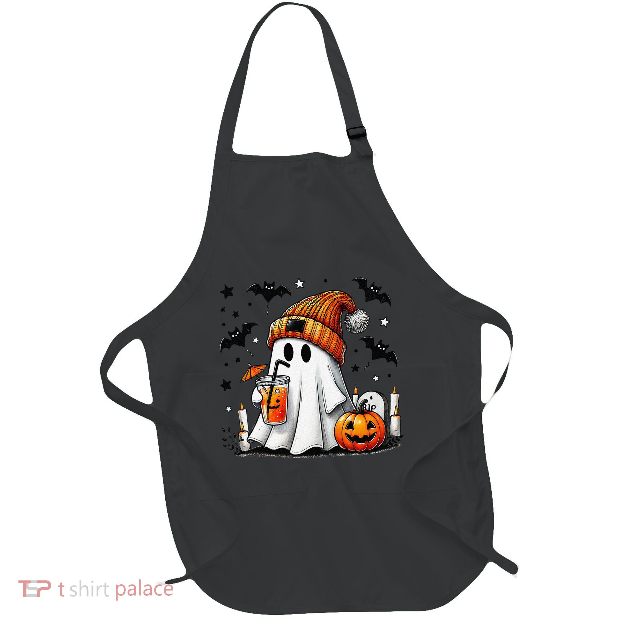Cute Ghost Drinking Coffee Halloween Ghost Coffee Full-Length Apron With Pockets
