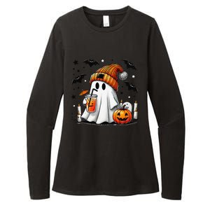 Cute Ghost Drinking Coffee Halloween Ghost Coffee Womens CVC Long Sleeve Shirt