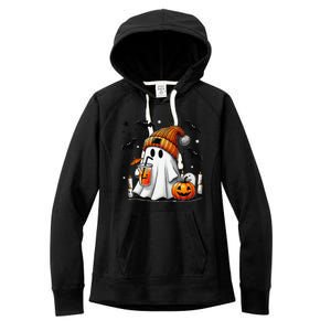 Cute Ghost Drinking Coffee Halloween Ghost Coffee Women's Fleece Hoodie