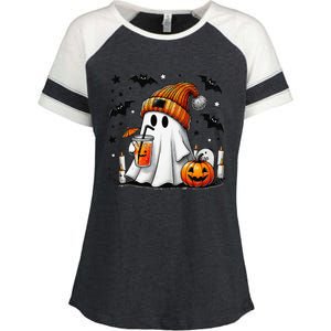 Cute Ghost Drinking Coffee Halloween Ghost Coffee Enza Ladies Jersey Colorblock Tee