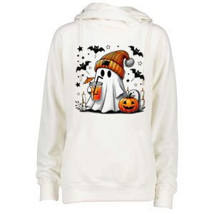 Cute Ghost Drinking Coffee Halloween Ghost Coffee Womens Funnel Neck Pullover Hood