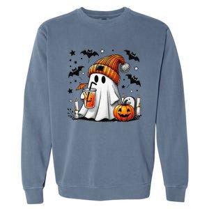 Cute Ghost Drinking Coffee Halloween Ghost Coffee Garment-Dyed Sweatshirt