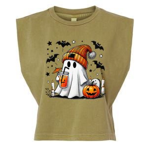 Cute Ghost Drinking Coffee Halloween Ghost Coffee Garment-Dyed Women's Muscle Tee