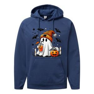 Cute Ghost Drinking Coffee Halloween Ghost Coffee Performance Fleece Hoodie