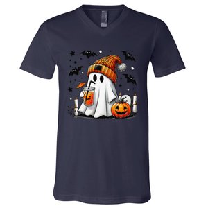 Cute Ghost Drinking Coffee Halloween Ghost Coffee V-Neck T-Shirt