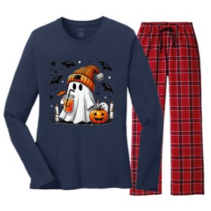 Cute Ghost Drinking Coffee Halloween Ghost Coffee Women's Long Sleeve Flannel Pajama Set 