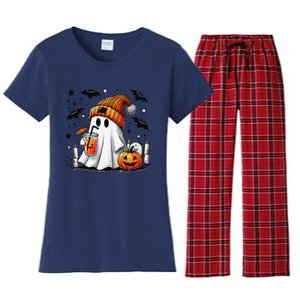 Cute Ghost Drinking Coffee Halloween Ghost Coffee Women's Flannel Pajama Set