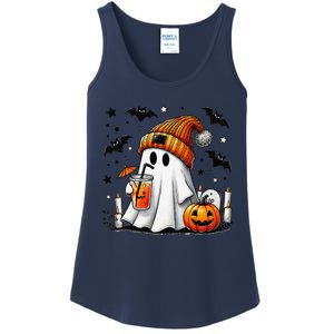 Cute Ghost Drinking Coffee Halloween Ghost Coffee Ladies Essential Tank