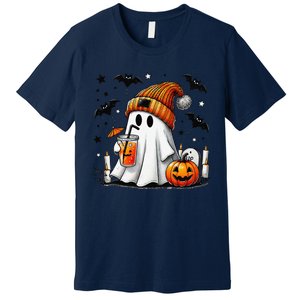 Cute Ghost Drinking Coffee Halloween Ghost Coffee Premium T-Shirt