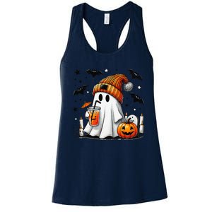 Cute Ghost Drinking Coffee Halloween Ghost Coffee Women's Racerback Tank