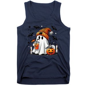 Cute Ghost Drinking Coffee Halloween Ghost Coffee Tank Top