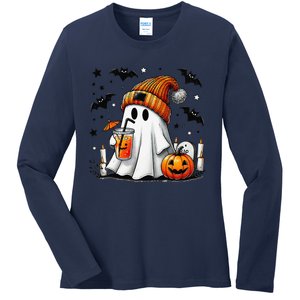 Cute Ghost Drinking Coffee Halloween Ghost Coffee Ladies Long Sleeve Shirt