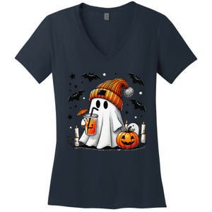 Cute Ghost Drinking Coffee Halloween Ghost Coffee Women's V-Neck T-Shirt