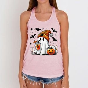 Cute Ghost Drinking Coffee Halloween Ghost Coffee Women's Knotted Racerback Tank