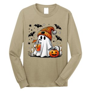 Cute Ghost Drinking Coffee Halloween Ghost Coffee Long Sleeve Shirt