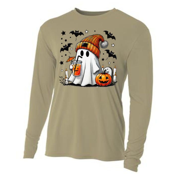 Cute Ghost Drinking Coffee Halloween Ghost Coffee Cooling Performance Long Sleeve Crew